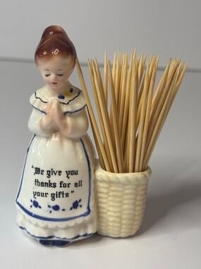 Enesco White & Blue Prayer Lady Toothpick Holder